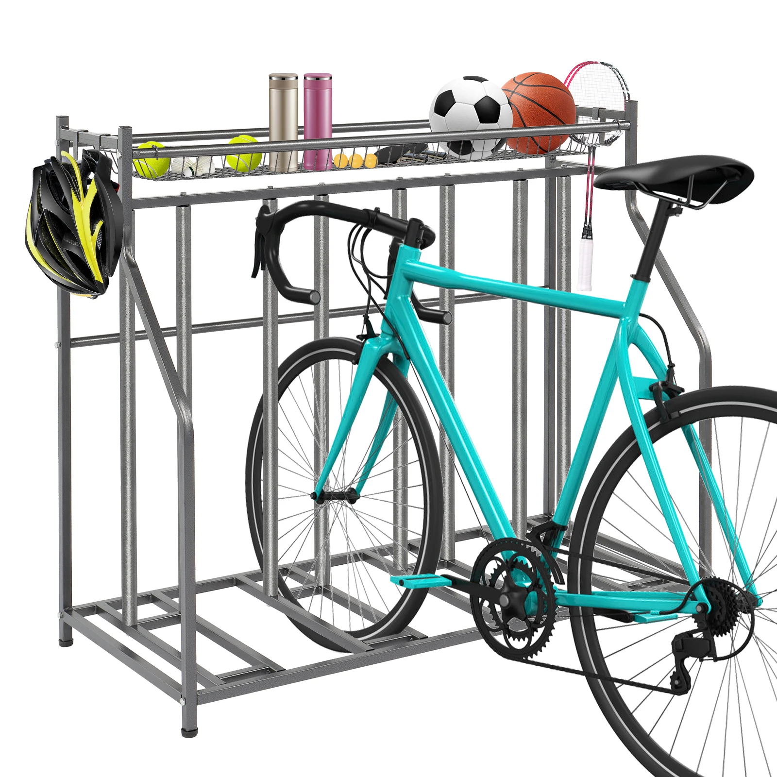 

Three Bike Parking Racks Round Tube Version 4 Hooks 1 Detachable Long Frame Grey 121.5x54.5x104CM[US-Stock]