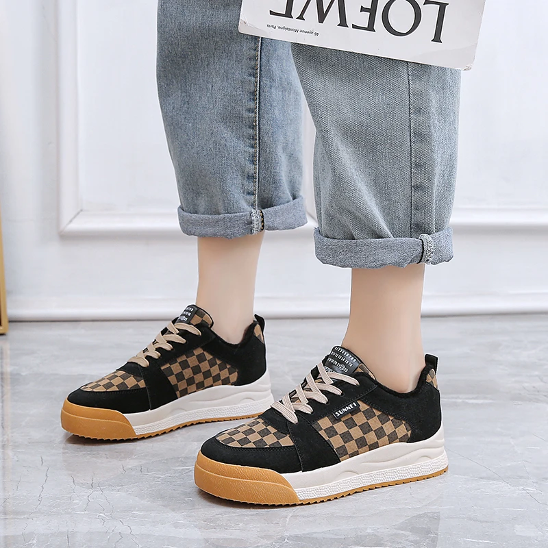 

Кроссовки женские плюшевые на платформе, Повседневная модная обувь в клетку, на толстой вулканизированной подошве, зимние