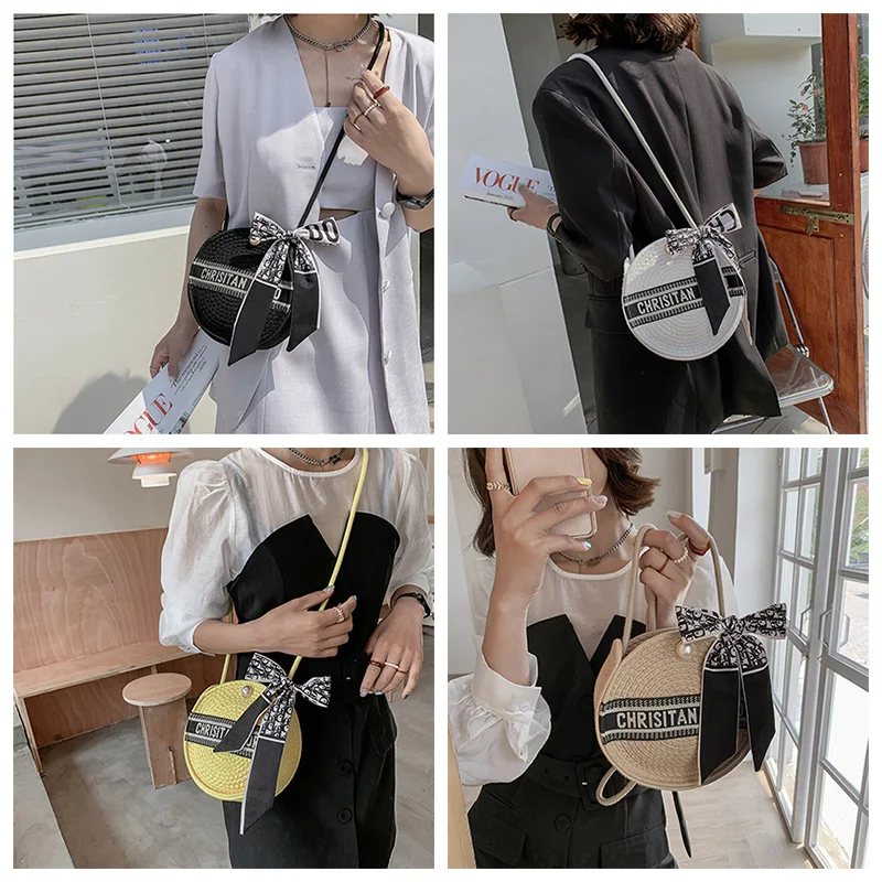 

Ladies Woven Straw Bag Handmade Paper rope Woven Handbag Fashion Popular Round Square Holiday Beach Bag New Khaki Shoulder Bag