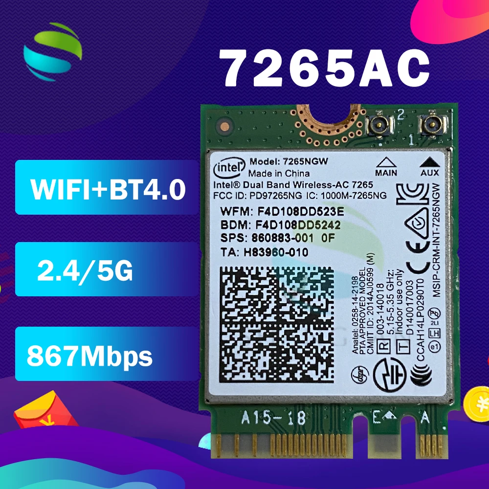 Двухдиапазонная беспроводная карта AC 7265NGW 7265AC 867 Мбит/с 2X2 NGFF Bluetooth4.0 Wlan|wlan card|dual band