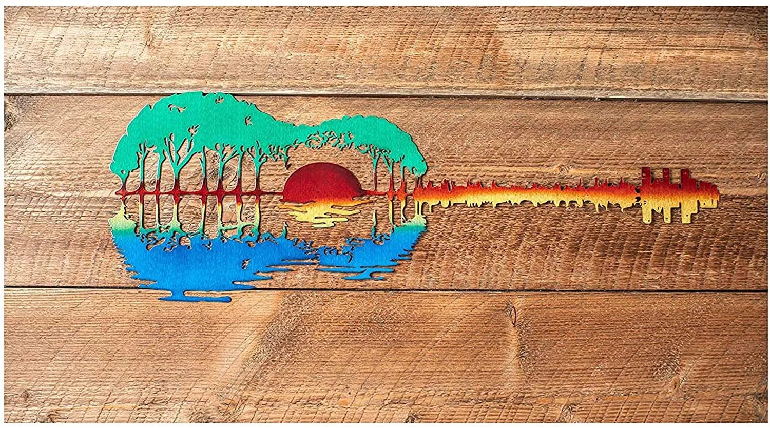 Guitarra abstracta de Metal para colgar en la pared, arte de hierro de precisi&oacute;n, reflejo de puesta de sol, decoraci&oacute;n del hogar, regalo colorido r&uacute;stico Vintage-3