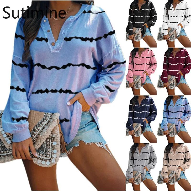 

Shirts for Women V-Neck Tops for Women Full Sleeves Button Batwing Sleeve Tees Striped Summer Plus Size Women Fashion Clothing