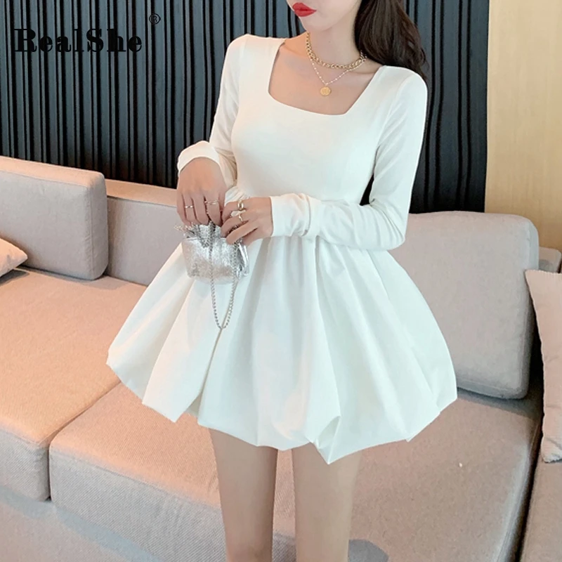 RealShe женское мини-платье с длинным рукавом и квадратным воротником однотонное