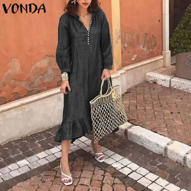 VONDA женское платье повседневное свободное платье на пуговицах с длинным рукавом-фонариком Vestidos офисное женское платье-рубашка осеннее платье Femme Большие размеры