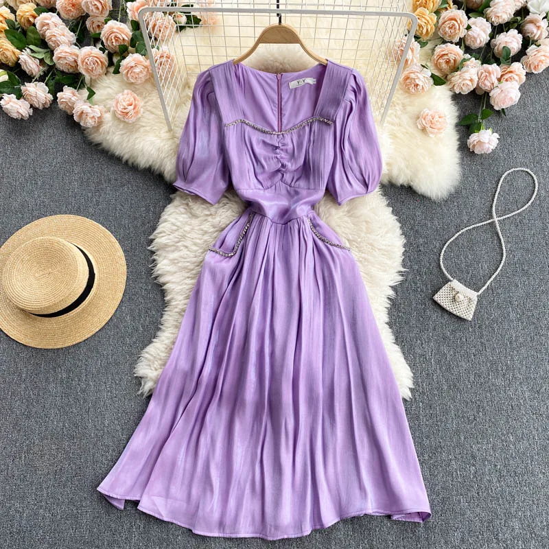 

Женское приталенное платье средней длины, летнее платье с квадратным вырезом и буффами на рукавах, украшенное стразами, GL016