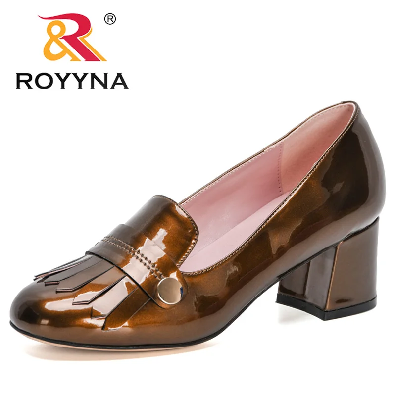 ROYYNA 2021 New Designers Patent Leather Dress Shoes Women Thick Heels Pumps Buckle Strap Ladies Shoes Zapatos Mujer Comfortable