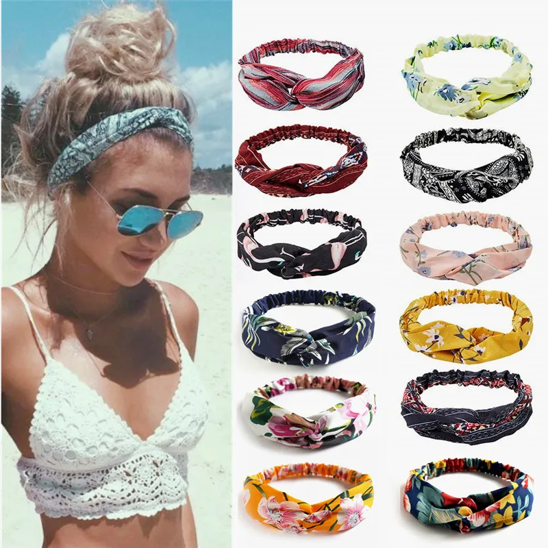 Повязка на голову женская с цветочным принтом винтажная эластичная лента бандо
