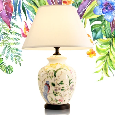 

High-end custom-made American-style painted ceramic desk lamp bedroom bedside lamp the latest flower bird decorative desk lamp
