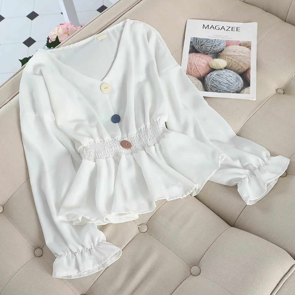 Women Blouse Shirts Элегантный женский расклешенный рукав v-образным вырезом Базовая шифоновая рубашка с оборками винтажный эластичный тонкий кардиган кнопка плиссированный пуловер, блузка, Топ - Цвет: Women Blouse Shirts
