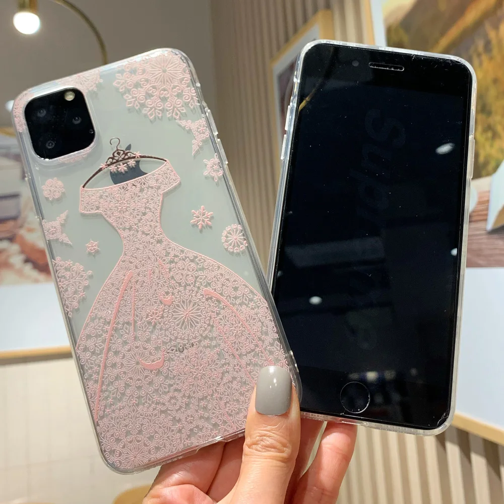 

Relief Wedding Dress Clear Phone Case for For iPhone 11 12 Pro Max X XS XR Mini 8 7 6 Plus SE 2020 Shockproof Protective Funda