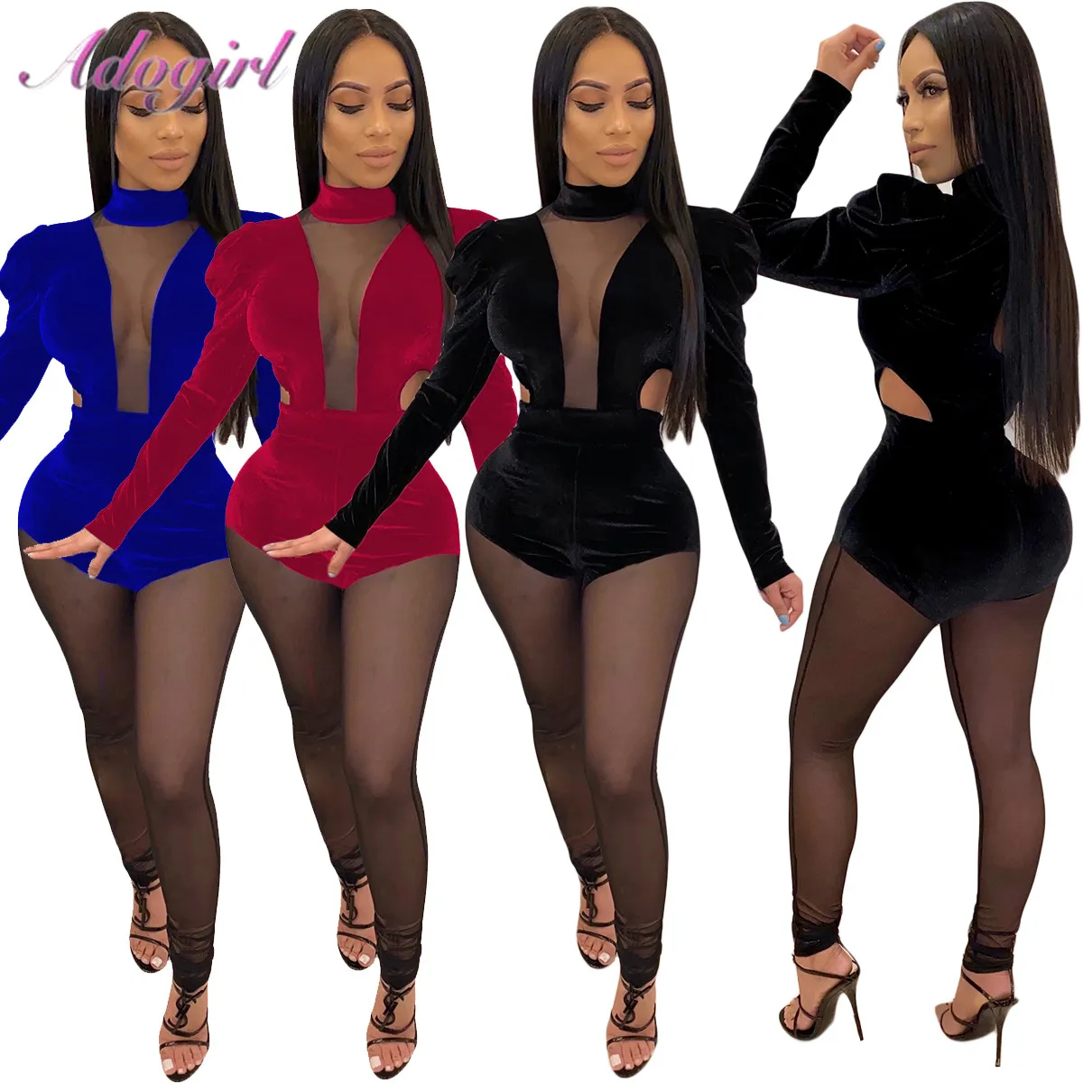 Женский бархатный комбинезон с длинным рукавом откровенный Облегающий