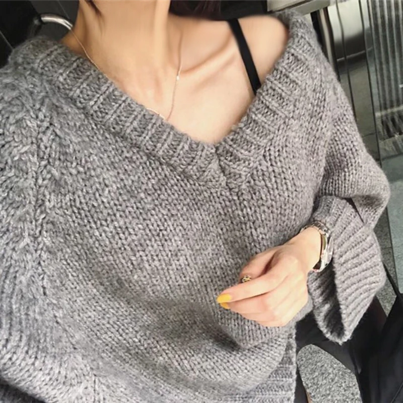 GALCAUR/вязаный белый Повседневный женский свитер с v-образным вырезом и длинными