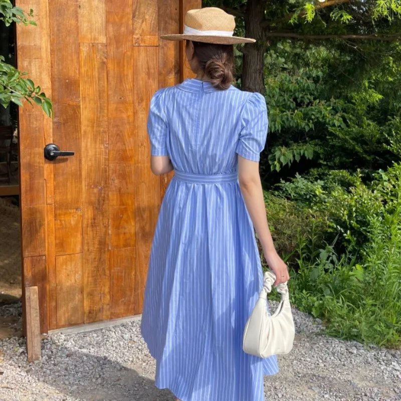 

Kimotimo Casual Striped Dress Women Korean Chic Simplicity V-neck Waist Bandage Summer Mid-length Puff Sleeve Dresses Vestidos