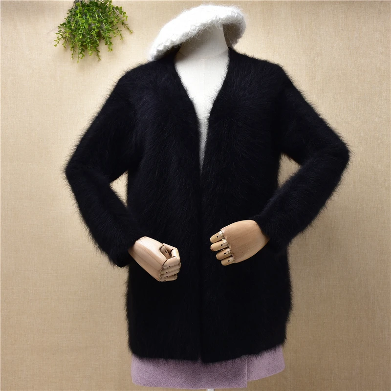 

ladies women fashion Fall Winter mink cashmere knitted black loose cardigans mantle angora rabbit hair jacket coat sweater pull
