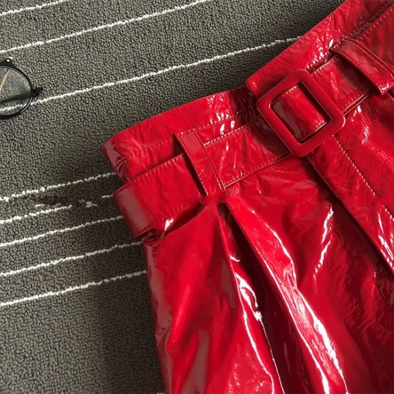 Genuine Street Women Leather Sheepskin Shorts Fashion High Waist Wide Leg Shorts Brand Red Black Sashes Casual Shorts Female