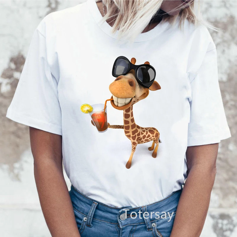 

Women t-shirt kawaii Giraffe Print White Summer t shirt Fashion Hipster Harajuku Thin Section Cute tshirt Female Tops Clothing