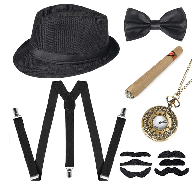 

1920s Mens Great Gatsby Accessories Set 6PCS Black White Gray Blue Roaring 20s 30s Retro Gangster Costume Tie Hat