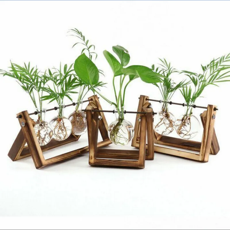 Деревянные стеклянные настольное растение бонсай вазы для цветов с деревянным