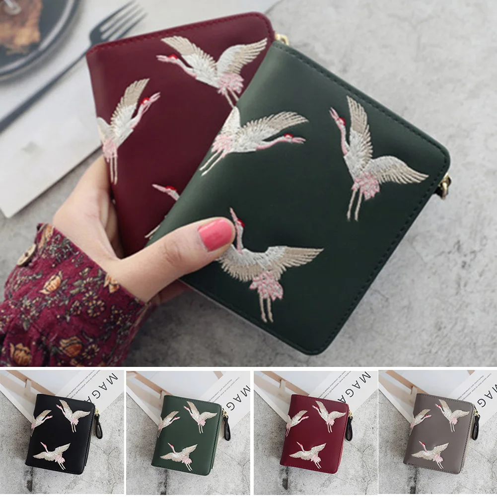 

Hot Selling Women Leather Wallet Purses Female Cranes Embroidered Short Coin Zipper Purse Cards Holder -B5