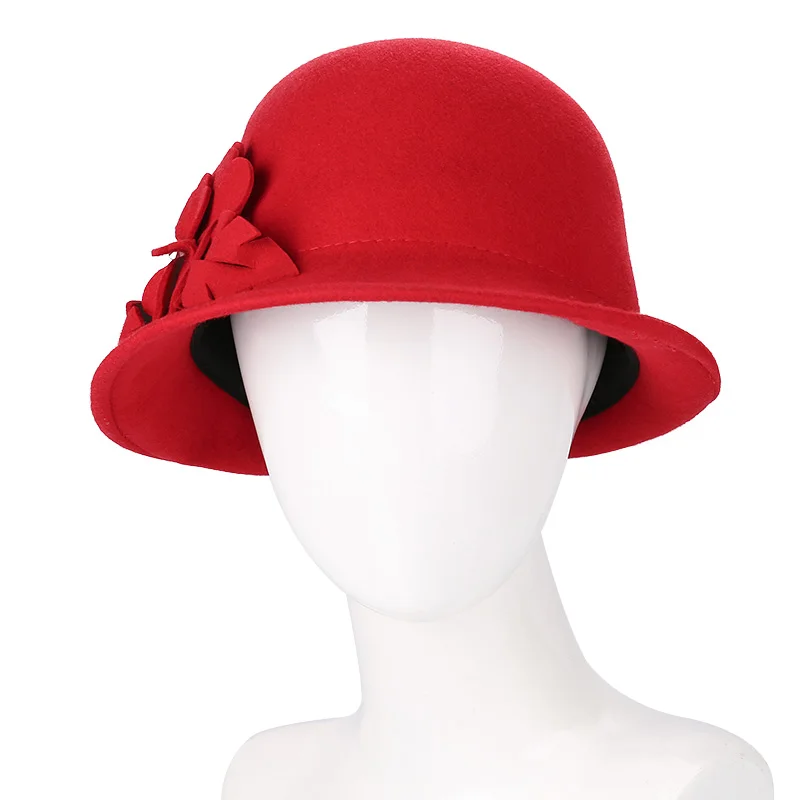 Sedancasesa Wool From Australian Felt Hat for Girls Child Bucket Hats With Flower Decoration Fedoras for Children 52cm