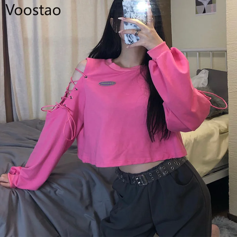 

Свитшот женский с открытыми плечами, Готическая повязка на шнуровке, длинный рукав, черный худи в стиле Харадзюку, укороченный топ в стиле п...