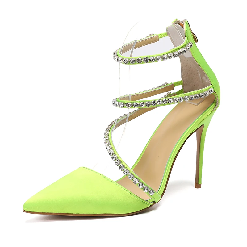 

Женская атласная обувь на шпильке 10 см, неоново-зеленые туфли с острым носком и стразами, на высоком каблуке-шпильке, большие размеры