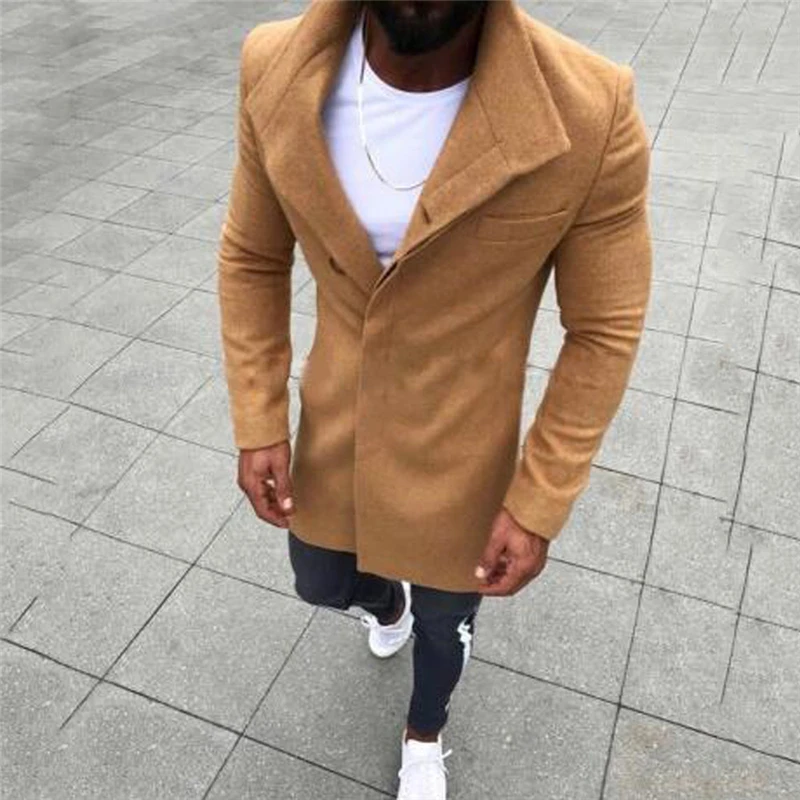 Fashion Video Mens Wool Jacket Button Solid Long Sleeved Windbreaker Woolen Coat Fall Winter Overcoat Men Thin Trench Coats | Мужская