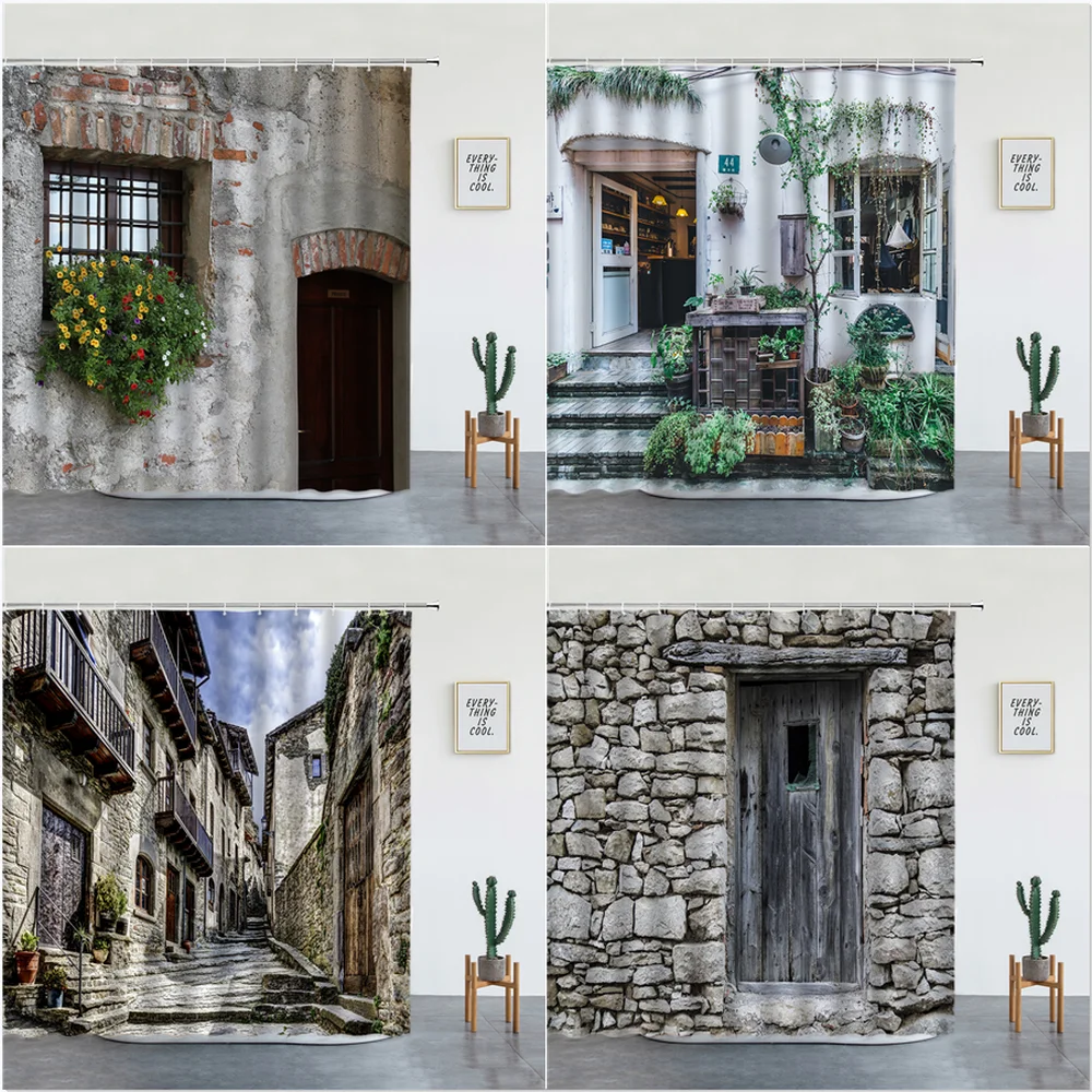 

Занавеска для душа с пейзажем сельского здания, Штора для ванной комнаты в маленьком городке Испании, с природным ландшафтом, фоновый Декор на стену с крючками