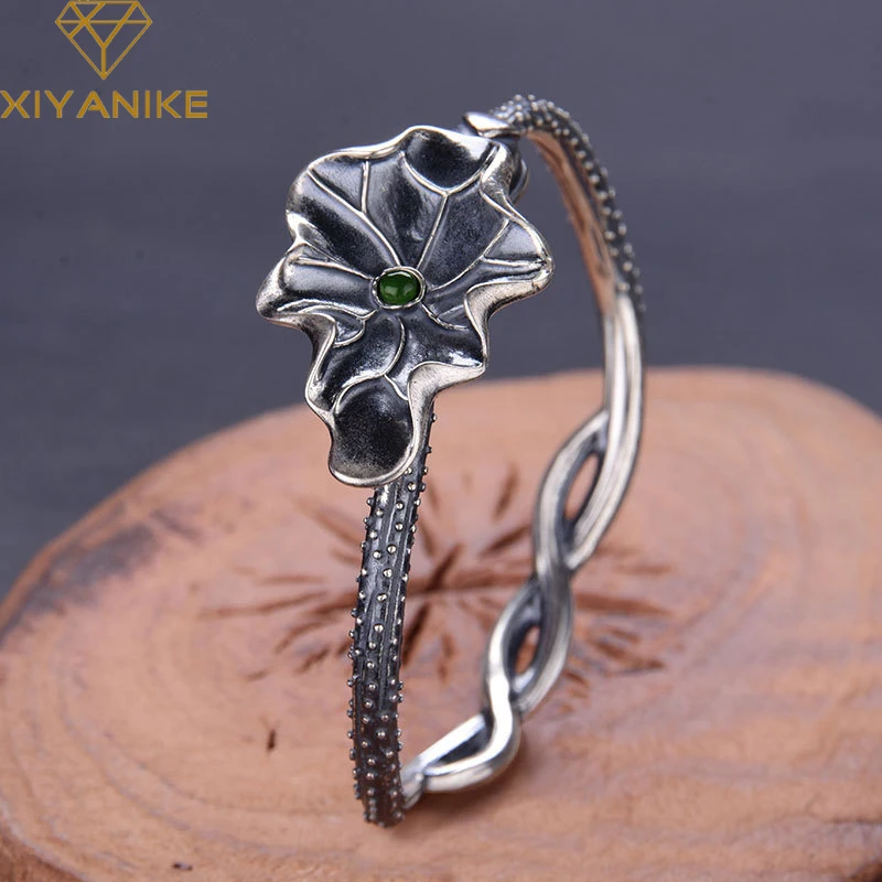 

XIYANIKE Silver Color Vintage Cross Opening Lotus Leaf Bracelet For Women High Quality Ethnic Style Handmade Jewelry Gift