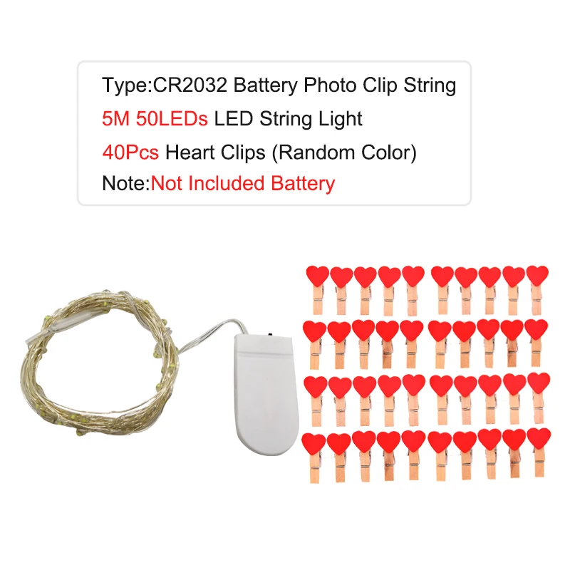 CR2032 battery 5m Фото зажимы светодиодный строка светильник s 1 м 2 м 5 м 10 м USB ФЕЯ гирлянда светильник s Батарея приведенный в действие светильник на Рождество Свадебная вечеринка украшения - Emitting Color: CR2032 battery 5m