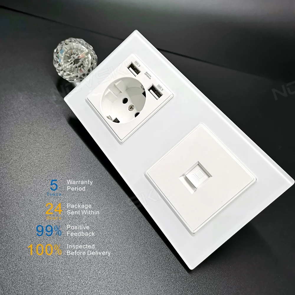 NOVSKI Настенная розетка USB Cat 6 10 Гбит / с COM-разъем Панель данных из хрусталя