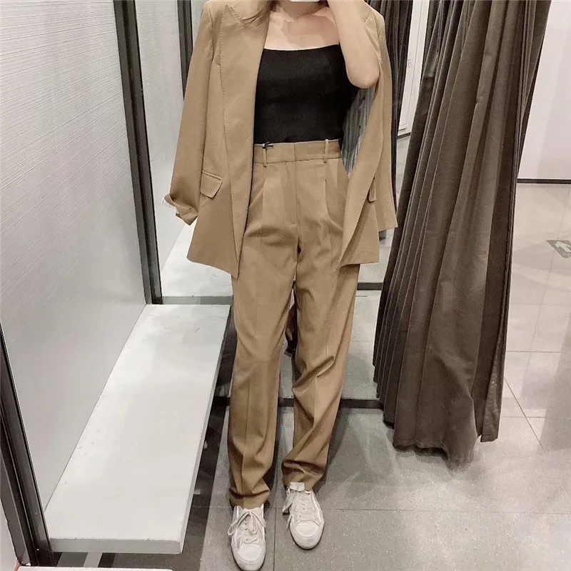 

TMODA1638 Za 2021 Winter Fashion Women Pockets Blazers Coat With Tied Wrap Vintage Female Suit Pants Outerwear Two Piece Sets