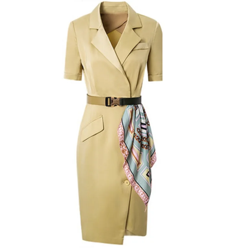 

dress lady 2021 office women summer spring style show thin slim medium length patchwork pencil tailored collar skirt with belt