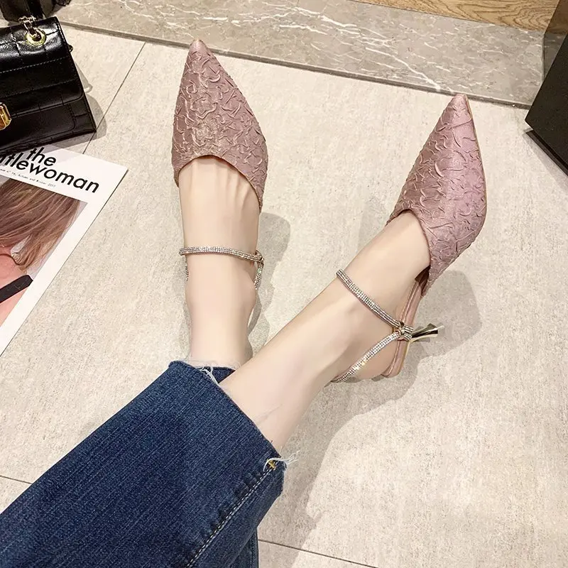 

Female Shoes Slippers Soft Thin Heels Pointed Toe Low Luxury Slides Heeled Mules 2021 Comfort Cover Designer High Fabric Rubber