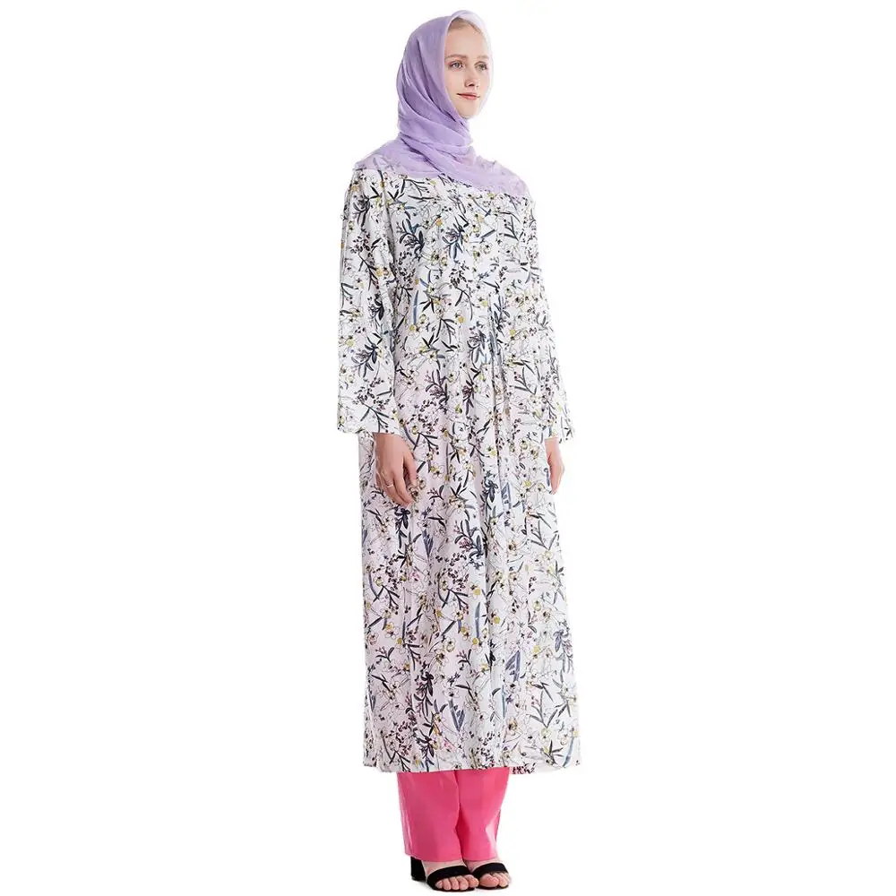 

Abaya Muslim Cotton Printed Robe Pants Top Suit Arab Emirates Arab Islamic Long Sleeve Floral Dress Skirt Pants Two Piece Set