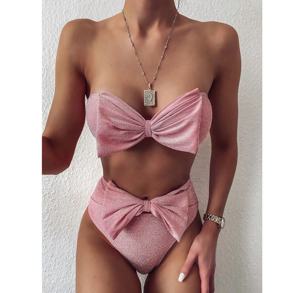 Сексуальный комплект бикини с бантом спереди бандо высокой талией танкини