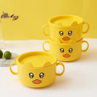 cartoon little yellow duck with lid children eating complementary food bowl insulation bowl infant tableware suction cup bowl