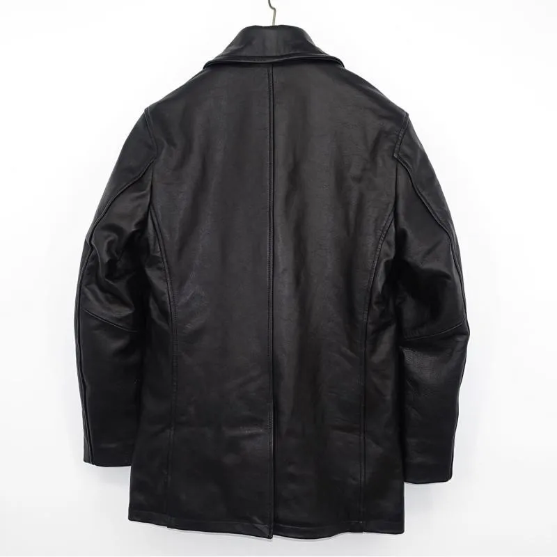 

Brand Fashion Men Cowhide Genuine Leather Long Jacket Double Breasted Winter Cotton Padded Trench Coat Business Man Slim Jackets