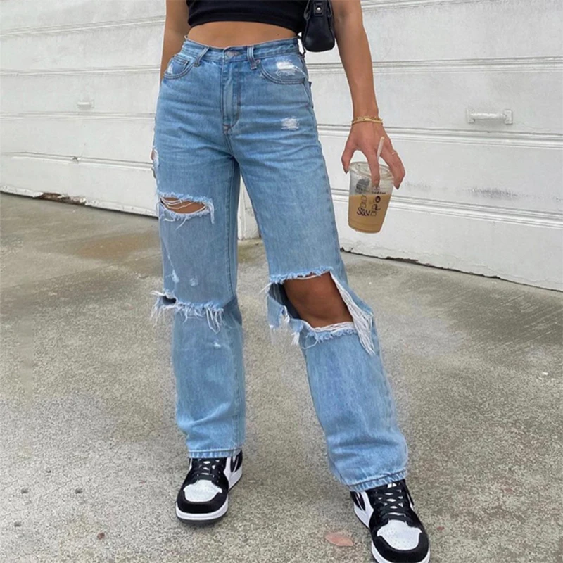 

Sexy Women's Denim Pants Ripped Holes Waist Slim All-Match Washing Frayed Female Ripped Jeans Casual Straight Denim Pants