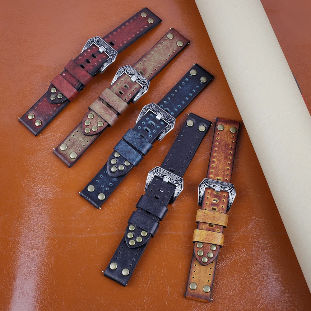 

NEW Handmade Vintage 18mm 20mm 22mm 24mm Genuine Leather Watchbands Rivet Leather Watch Strap Carving Strap Watches Accessorie