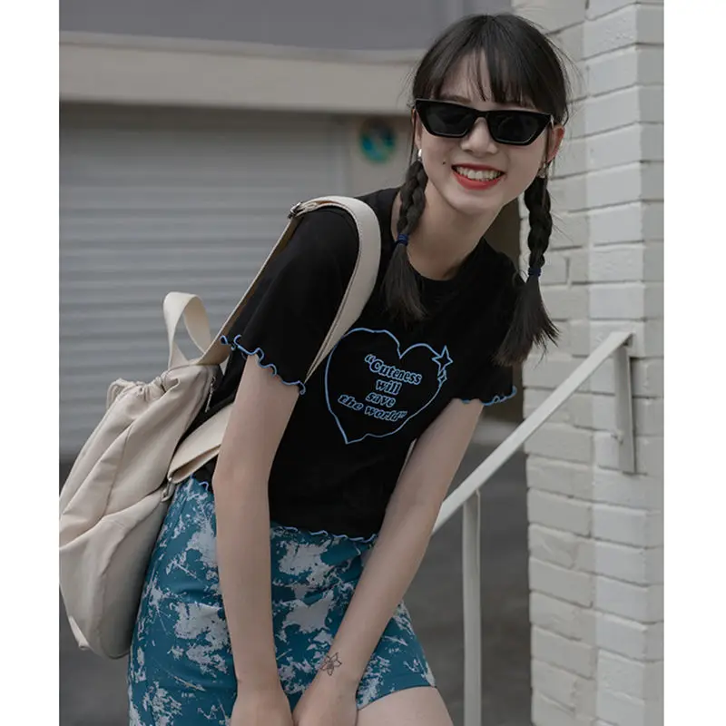 

Kawaii Heart Print Women T-shirts 2021 Summer Cropped Top Mujer Black Casual Alt Clothes Aesthetic MINGLIUSILI E Girl Tee Shirt