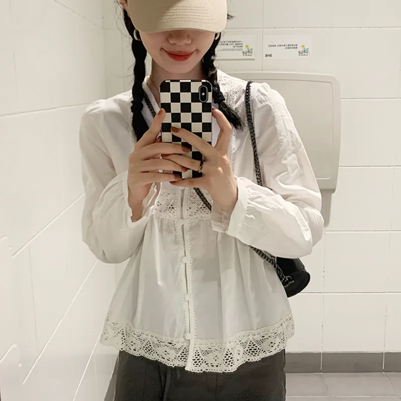 

Женская кружевная рубашка с длинным рукавом, в Корейском стиле, 2 цвета, модель F4450 на осень, 2021