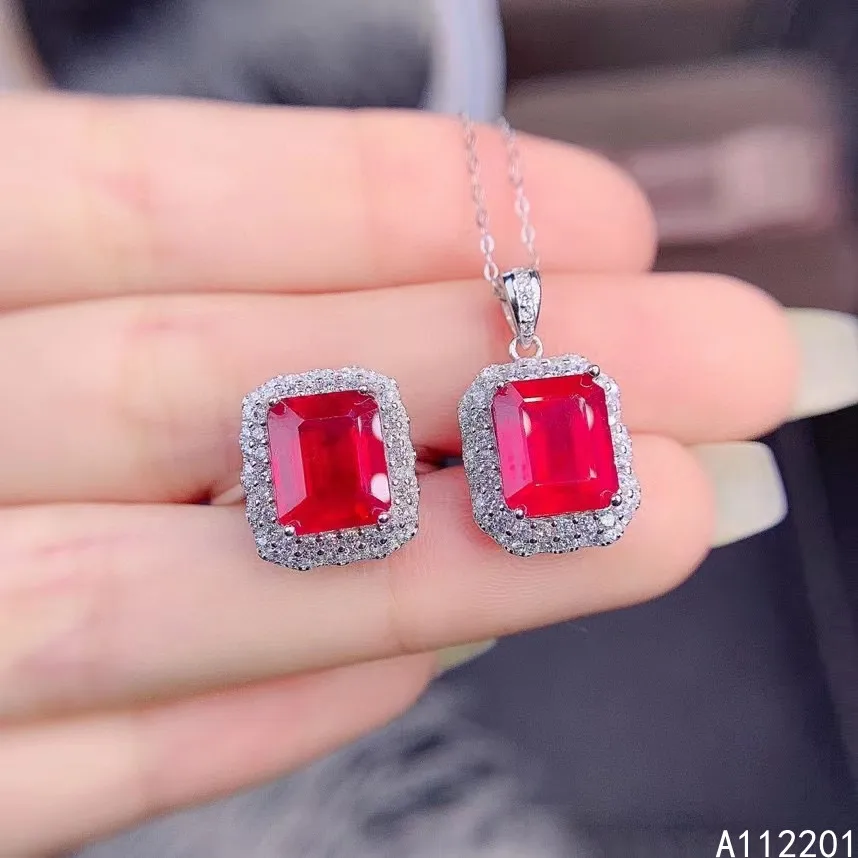 

Fine Jewelry 925 Pure Silver Inset With Natural Gem Women's Luxury Lovely Rectangle Ruby Pendant Adjustable Ring Set Support Det