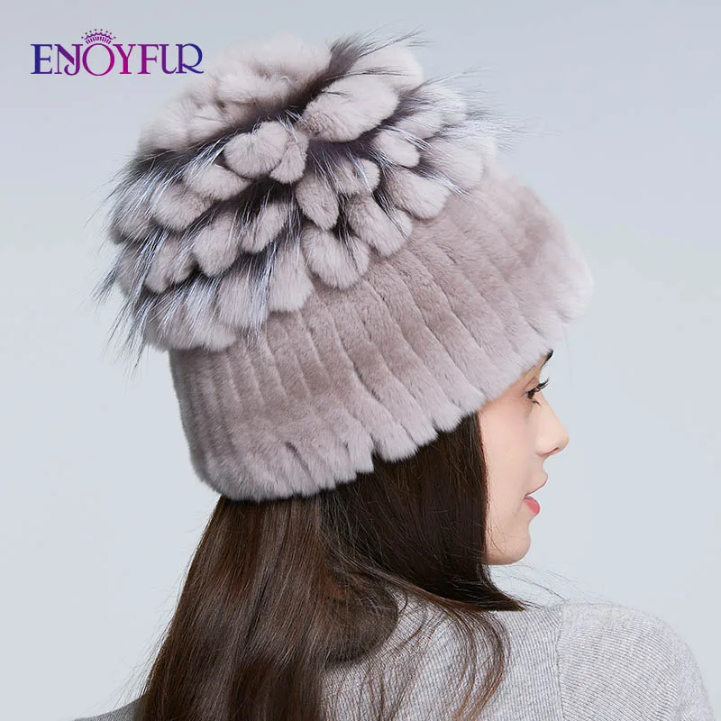 ENJOYFUR зимние шапки из меха кролика Рекс, на толстой подошве, женская теплая Cap top вязаная Цветочная форма русский женская меховая шапка