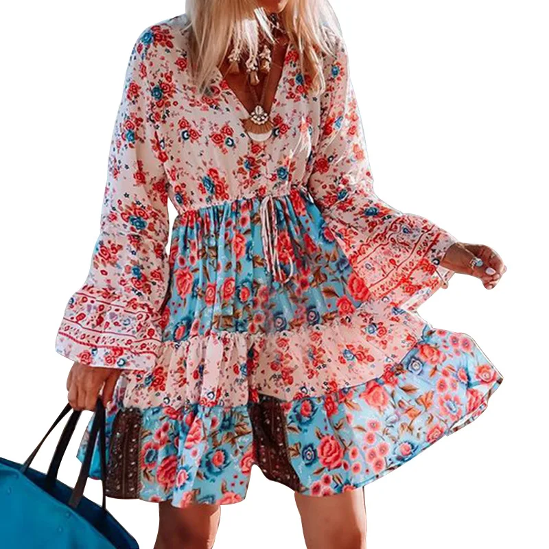 

Dress Women Spring Autumn A-Line Bohemian Dresses Drawstring Design V-Neck Long Sleeve Print Dress For Woman Vestido De Mujer