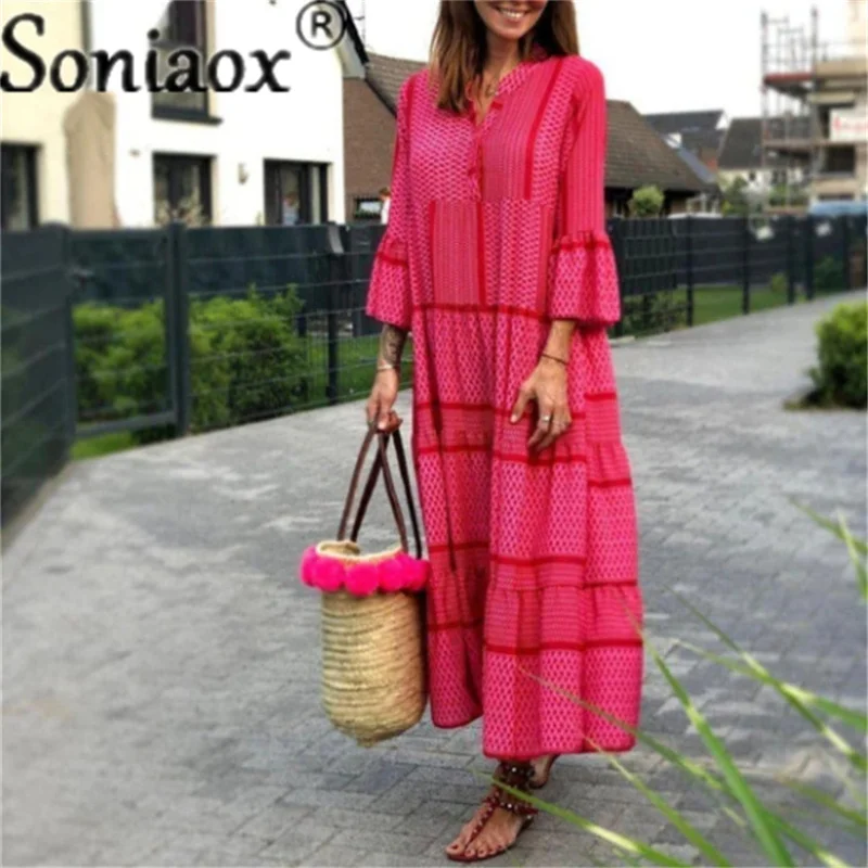 

Summer Striped Dresses Women Boho Beach Maxi Dress Plus Size Bell Sleeve Flowy Swing Shift Dress Sexy V-Neck Loose Long Sundress