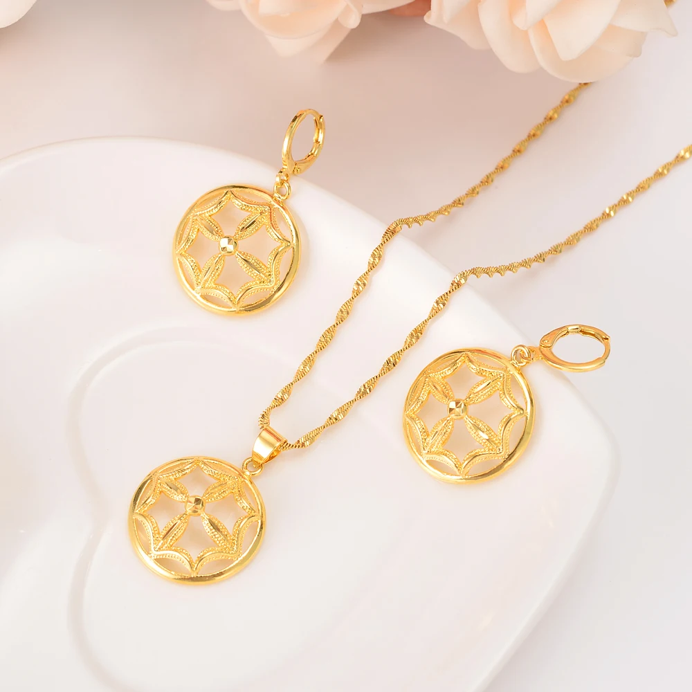 

Gold dubai india flower African jewelry Set Necklace pendant Earrings Ethiopia wedding bridl jewelry sets for women girl gifts