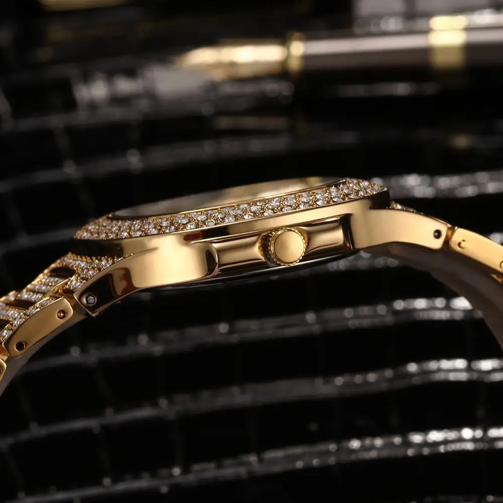Мужские часы с блестящим покрытием 18K золотые кварцевые наручные для мужчин хип