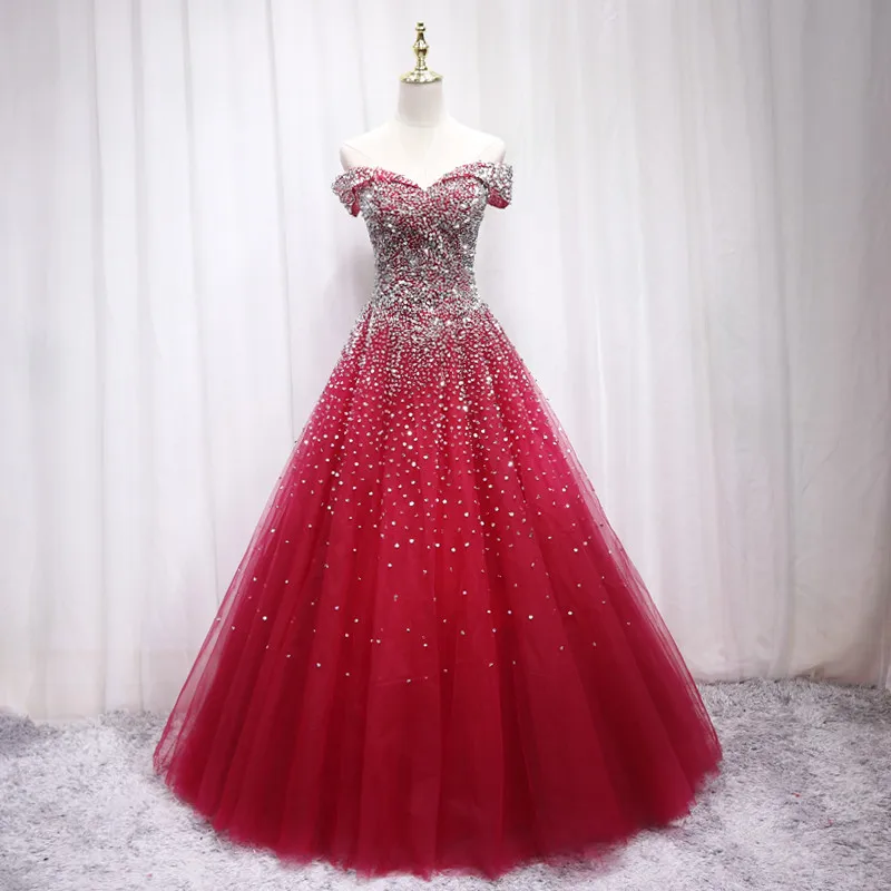 

2023 New A-line Off-the-shoulder Dark Red Beading Prom Dresses Pearls Crystals Saudi Arabia Evening Party Gowns Hot Sale