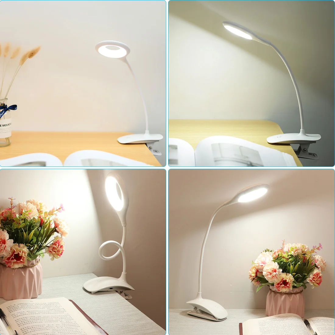 

LED table lamp USB rechargeable flexible touch dimming table lamp clip, used for book bed and computer foldable brightness